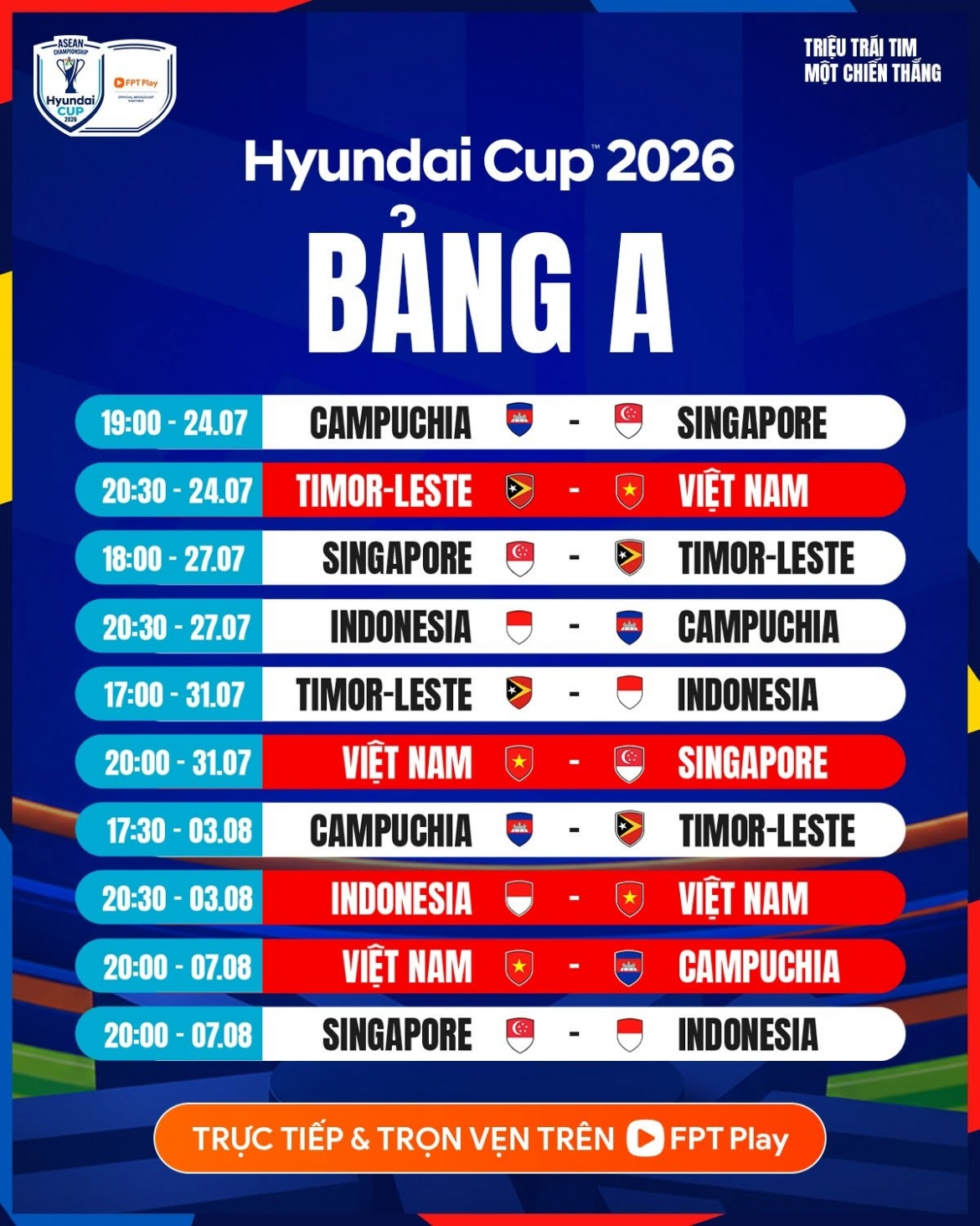 Lịch thi đấu ĐT Việt Nam tại AFF Cup 2026 và phân tích bảng A - OK9
